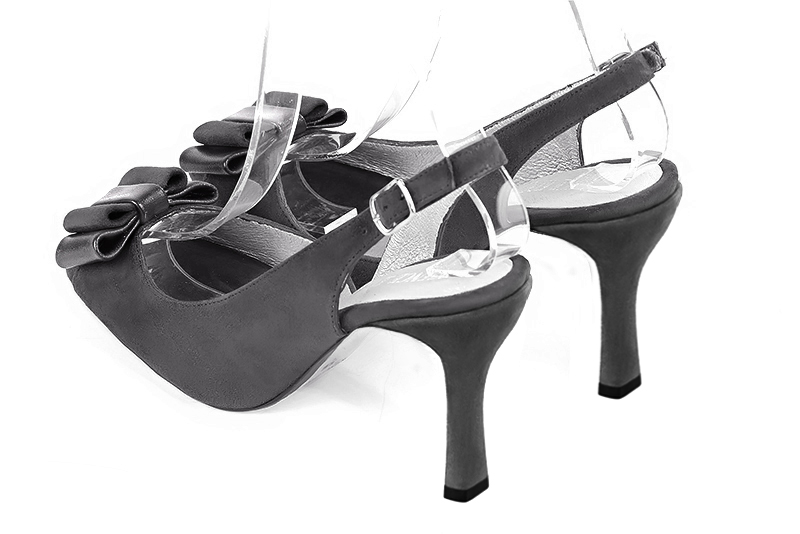 Dark grey women's slingback sandals. Round toe. High spool heels. Rear view - Florence KOOIJMAN